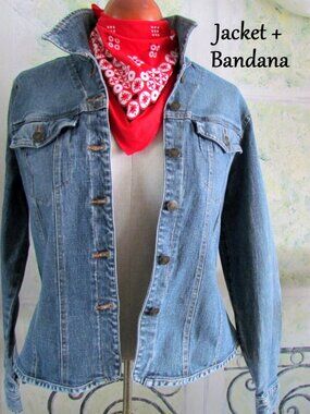DENIM JACKET, L, + RED BANDANA SCARF, WILL SMITH WOMEN'S BLUE JEAN STRETCH COAT